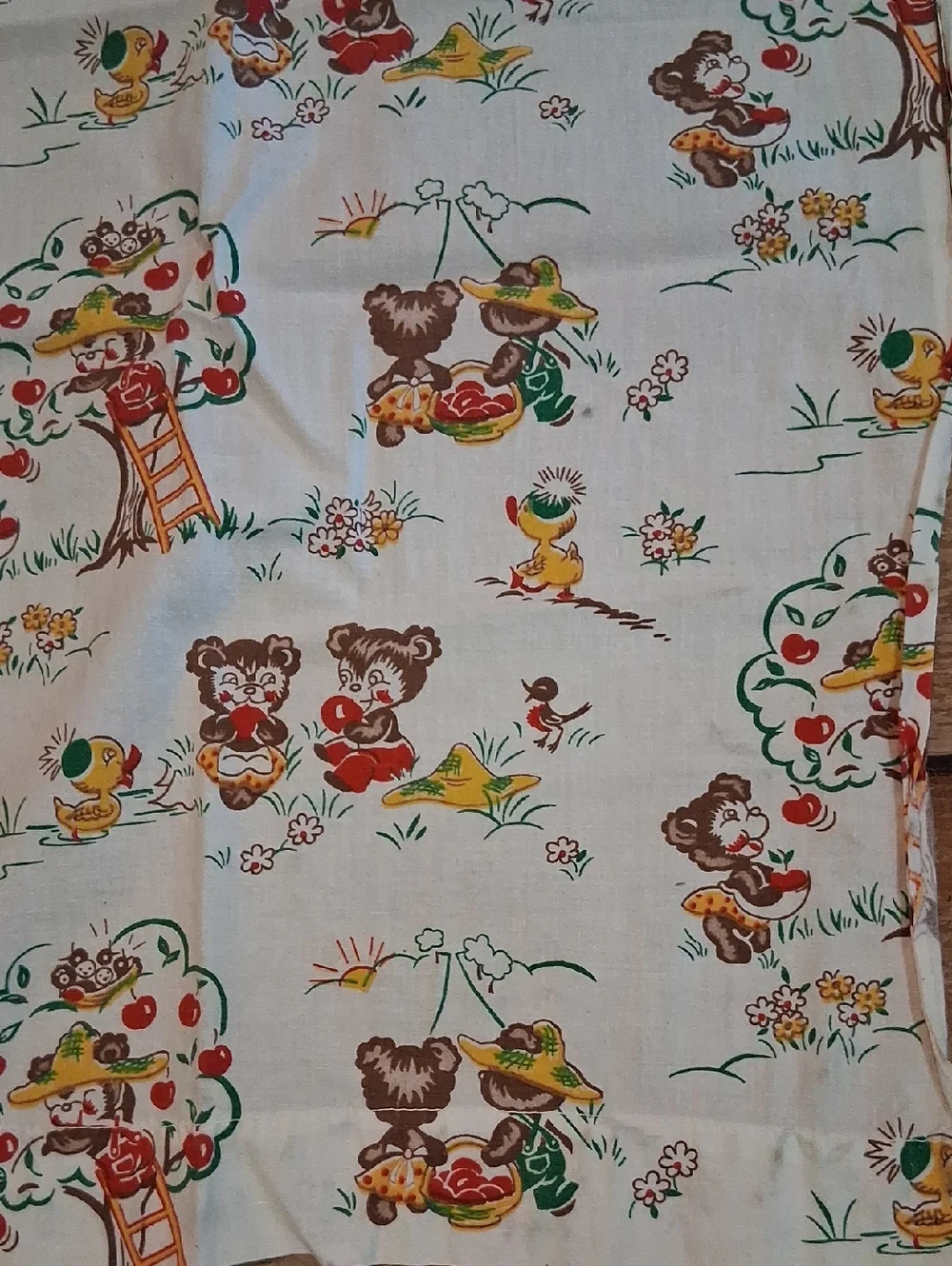 Vintage Childs Curtains With Adorable Bears Picking Apples.